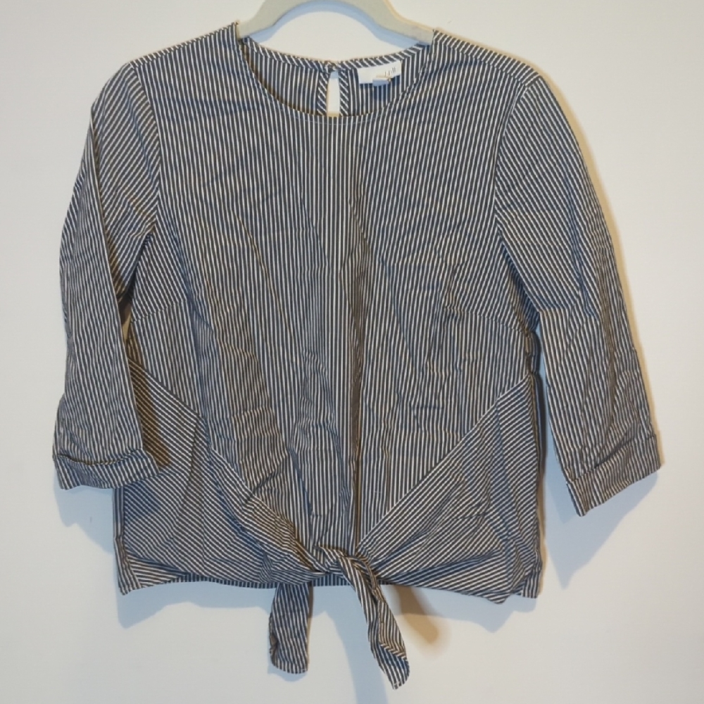 J JILL STRIPED TIE FRONT BLOUSE BLUE WHITE SHORT SLEEVE SIZE SMALL